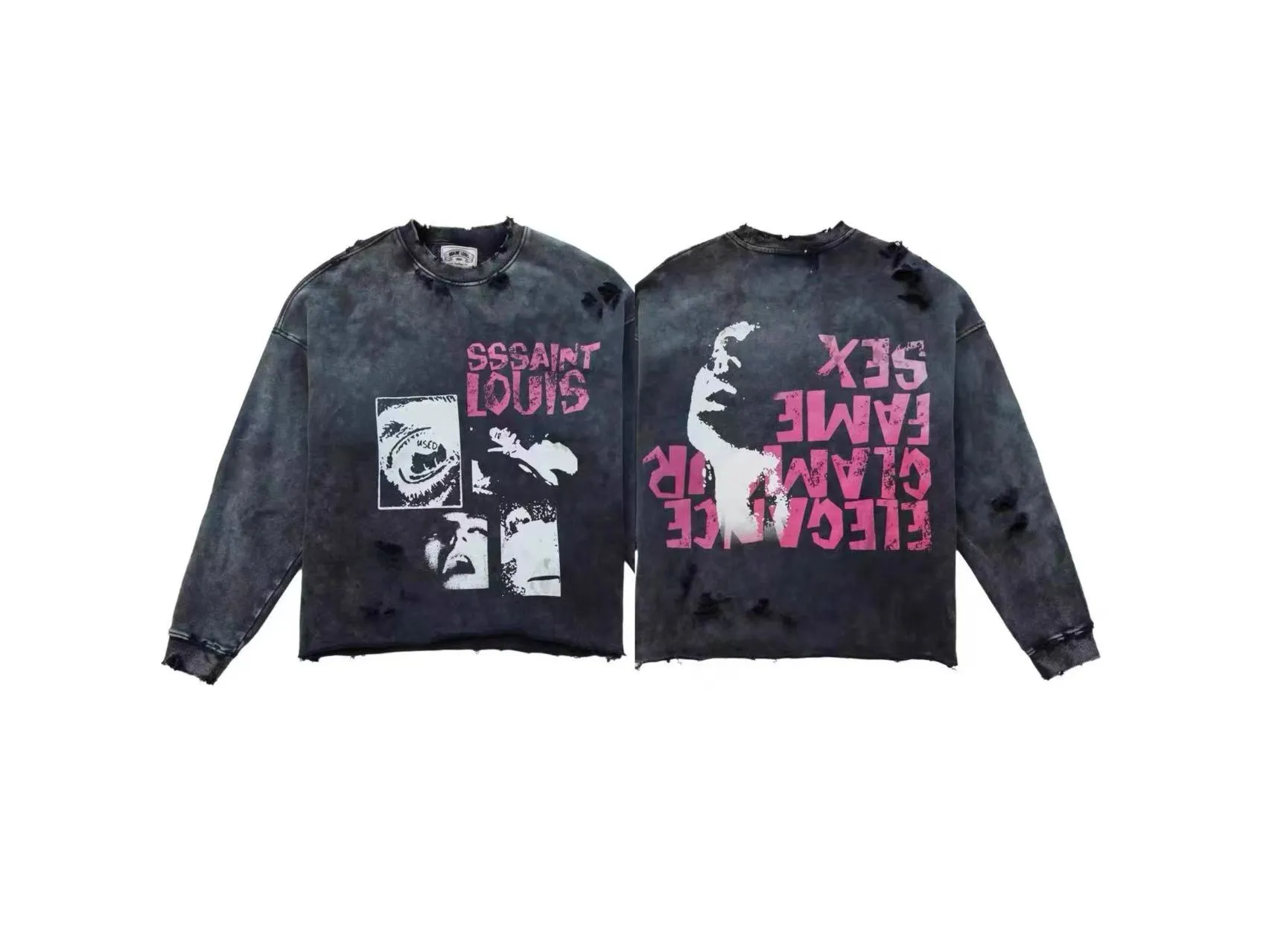 In stock ST750 style washed black P240 SSSAINT LOUIS 25SS black inverted slogan old sweatshirt American high street logo abstract inkjet code size S-M-L-XL